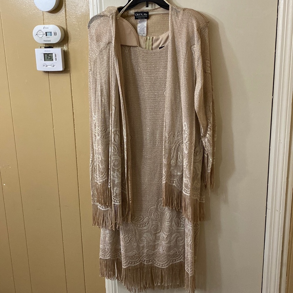 Size 18W. Onyx Nite. Tan with gold specs. Dress with cover up.